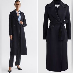 Reiss LONG WOOL BLEND BLINDSEAM COAT IN NAVY NWT